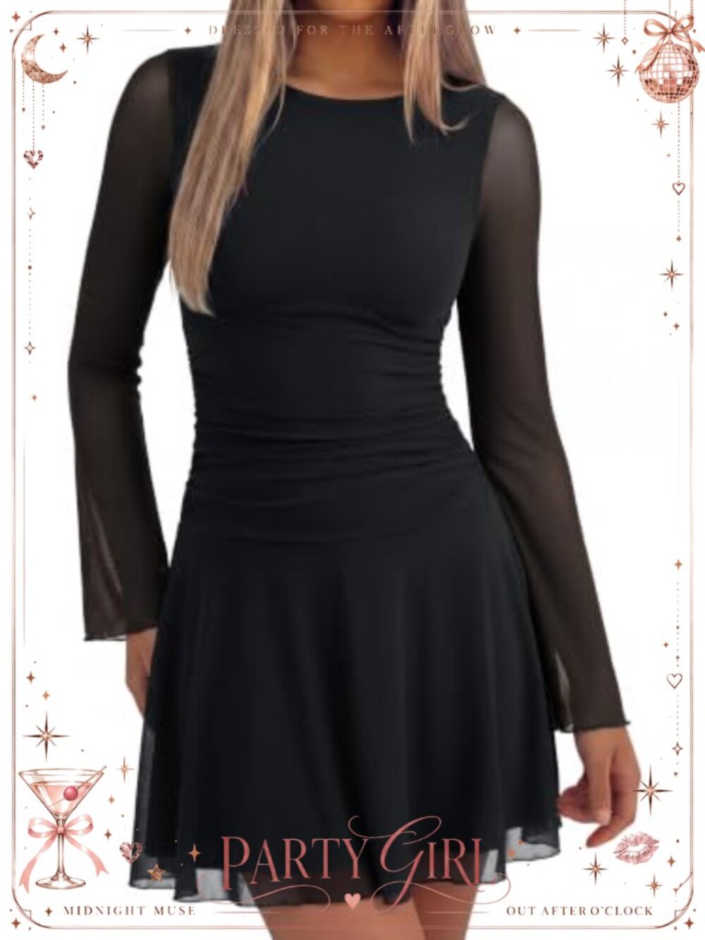 Sheer Mesh Long Sleeve Ruched Boat Neck Mini Dress